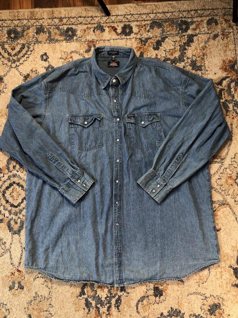 Dickies Shirt Mens 3XLT Blue Denim Long Sleeve Western Snap Pockets Workwear